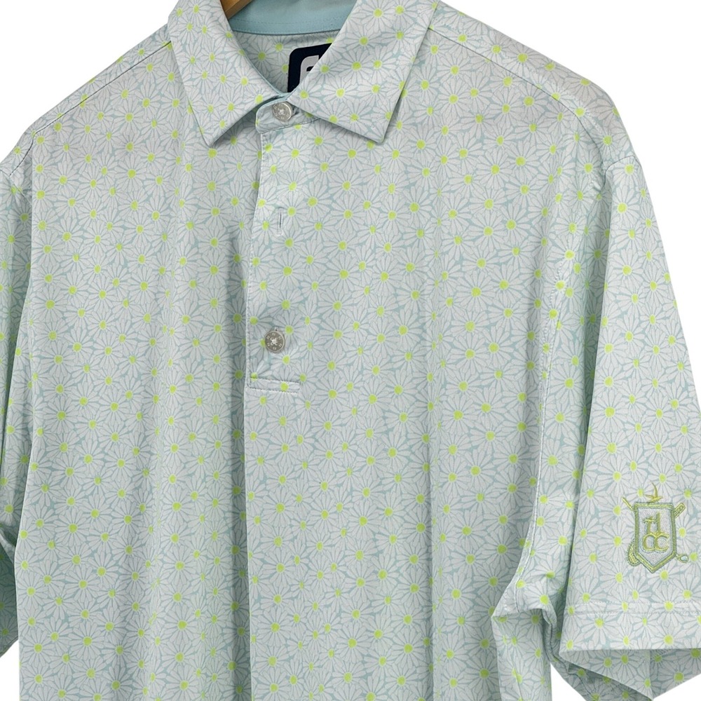 FootJoy Mens Daisy Floral Golf Polo Shirt Blue White Lime Green Size Medium
